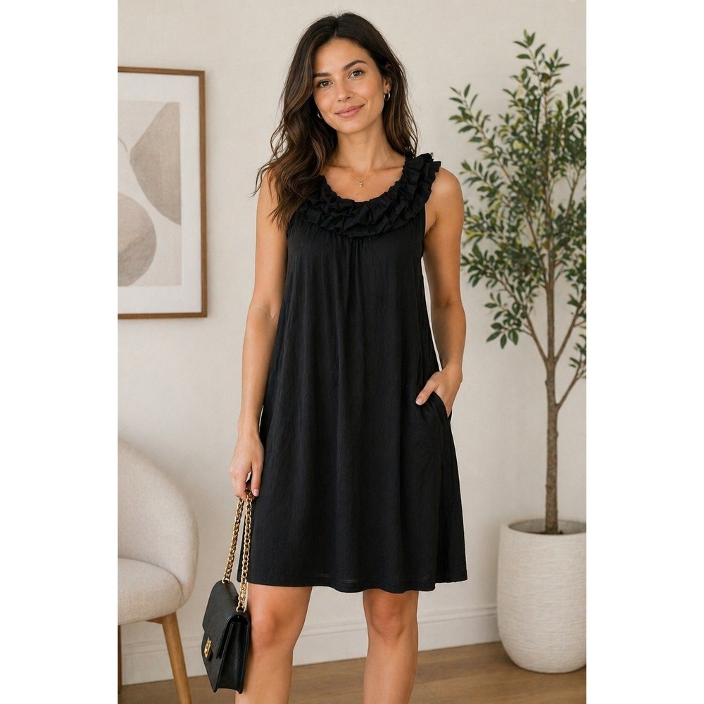 LOFT Ruffle Neck Shift Dress Womens Small Black Classic Minimalist LBD